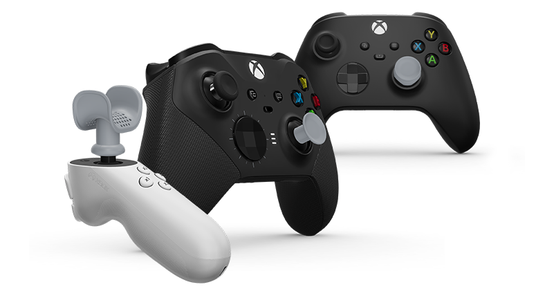 Xbox adaptive thumbstick toppers with Xbox Design Lab featured on select compatible controllers.